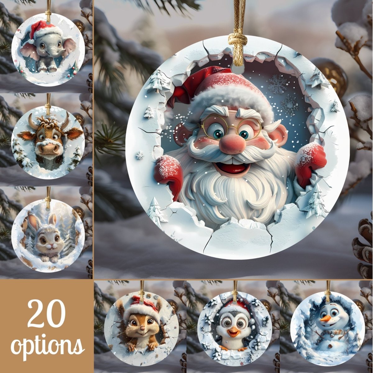 Funny Christmas Ornaments 20 Options Ceramic Ornaments Cute Characters 3D Break Through Wall Style (no relief) Festive Christmas Tree Decor - Everything Pixel