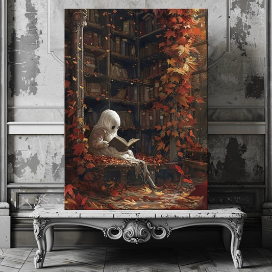 Ghost in Library Canvas Print - Autumn Decor, Whimsigoth Halloween - Everything Pixel