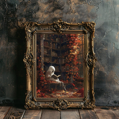 Ghost in Library Wall Art Print - Autumn Decor, Whimsigoth Halloween - Everything Pixel