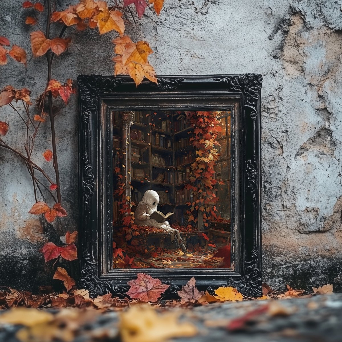 Ghost in Library Wall Art Print - Autumn Decor, Whimsigoth Halloween - Everything Pixel