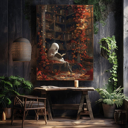 Ghost in Library Wall Art Print - Autumn Decor, Whimsigoth Halloween - Everything Pixel