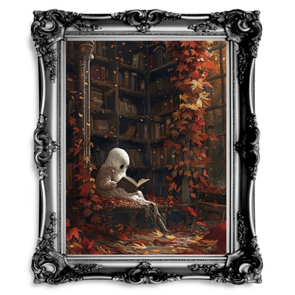 Ghost in Library Wall Art Print - Autumn Decor, Whimsigoth Halloween - Everything Pixel