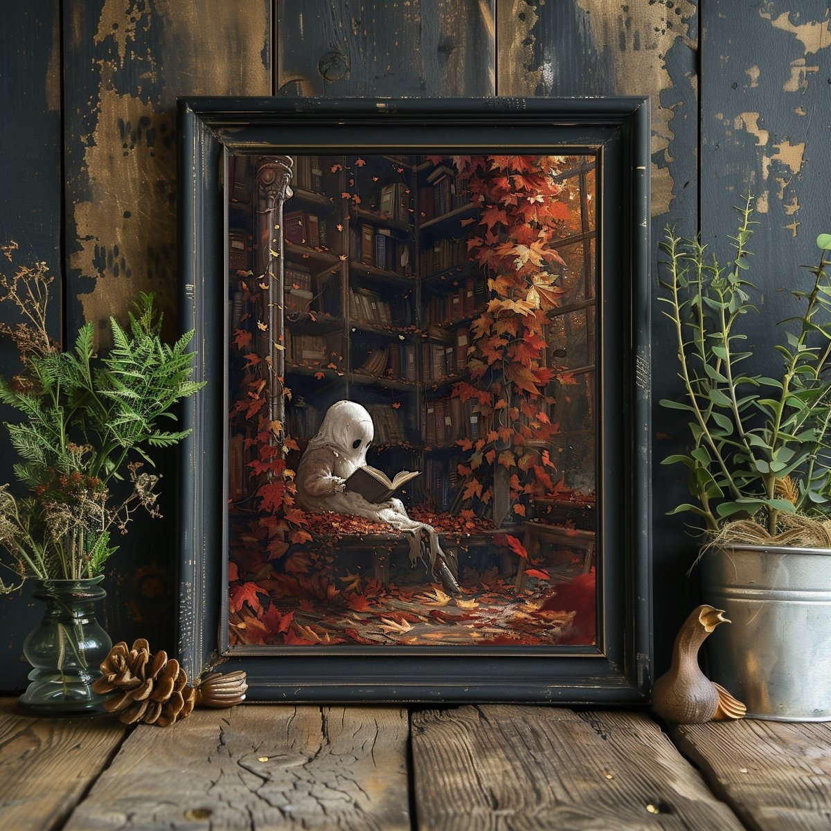 Ghost in Library Wall Art Print - Autumn Decor, Whimsigoth Halloween - Everything Pixel