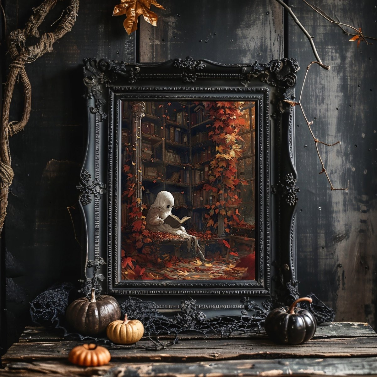 Ghost in Library Wall Art Print - Autumn Decor, Whimsigoth Halloween - Everything Pixel