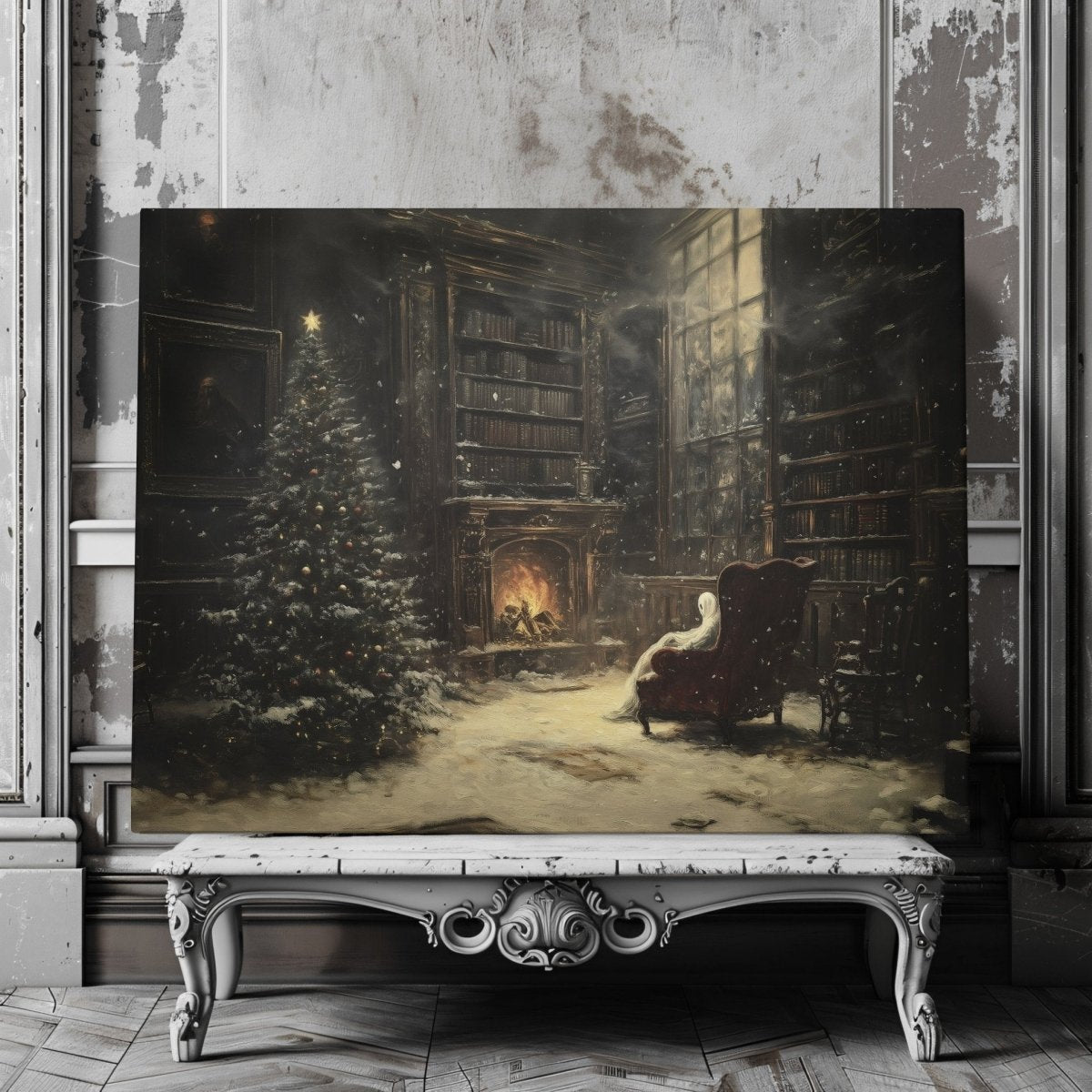 Ghostly Christmas Library Canvas Print - Eerie Holiday Decor with Fire & Tree - Everything Pixel