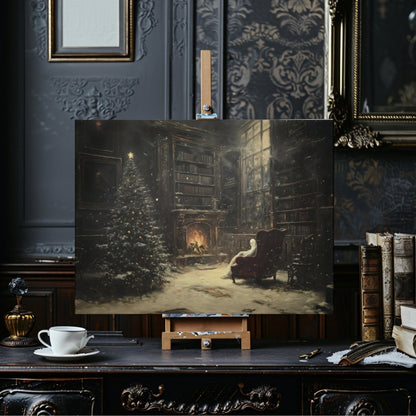 Ghostly Christmas Library Canvas Print - Eerie Holiday Decor with Fire & Tree - Everything Pixel