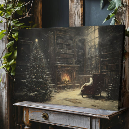 Ghostly Christmas Library Canvas Print - Eerie Holiday Decor with Fire & Tree - Everything Pixel