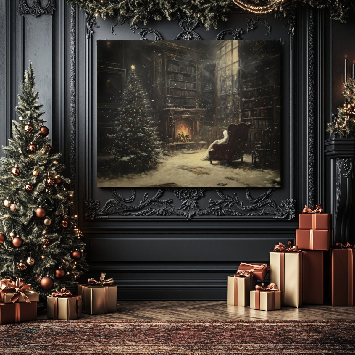 Ghostly Christmas Library Canvas Print - Eerie Holiday Decor with Fire & Tree - Everything Pixel