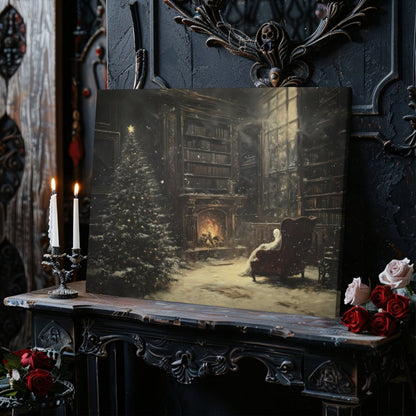 Ghostly Christmas Library Canvas Print - Eerie Holiday Decor with Fire & Tree - Everything Pixel