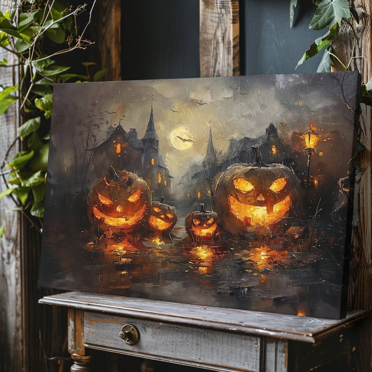 Glowing Pumpkins in Eerie Haunted Village - Canvas Print - Everything Pixel