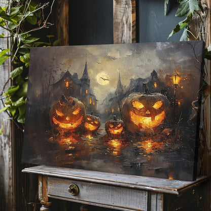 Glowing Pumpkins in Eerie Haunted Village - Canvas Print - Everything Pixel