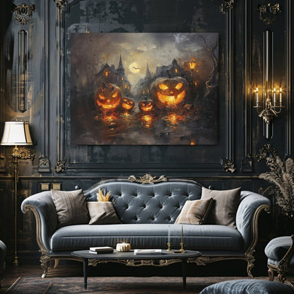 Glowing Pumpkins in Eerie Haunted Village - Canvas Print - Everything Pixel