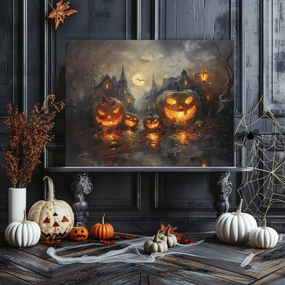 Glowing Pumpkins in Eerie Haunted Village - Canvas Print - Everything Pixel