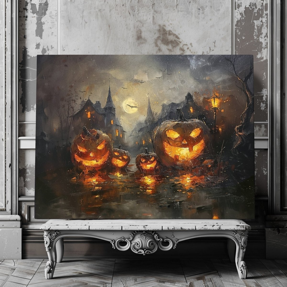 Glowing Pumpkins in Eerie Haunted Village - Canvas Print - Everything Pixel