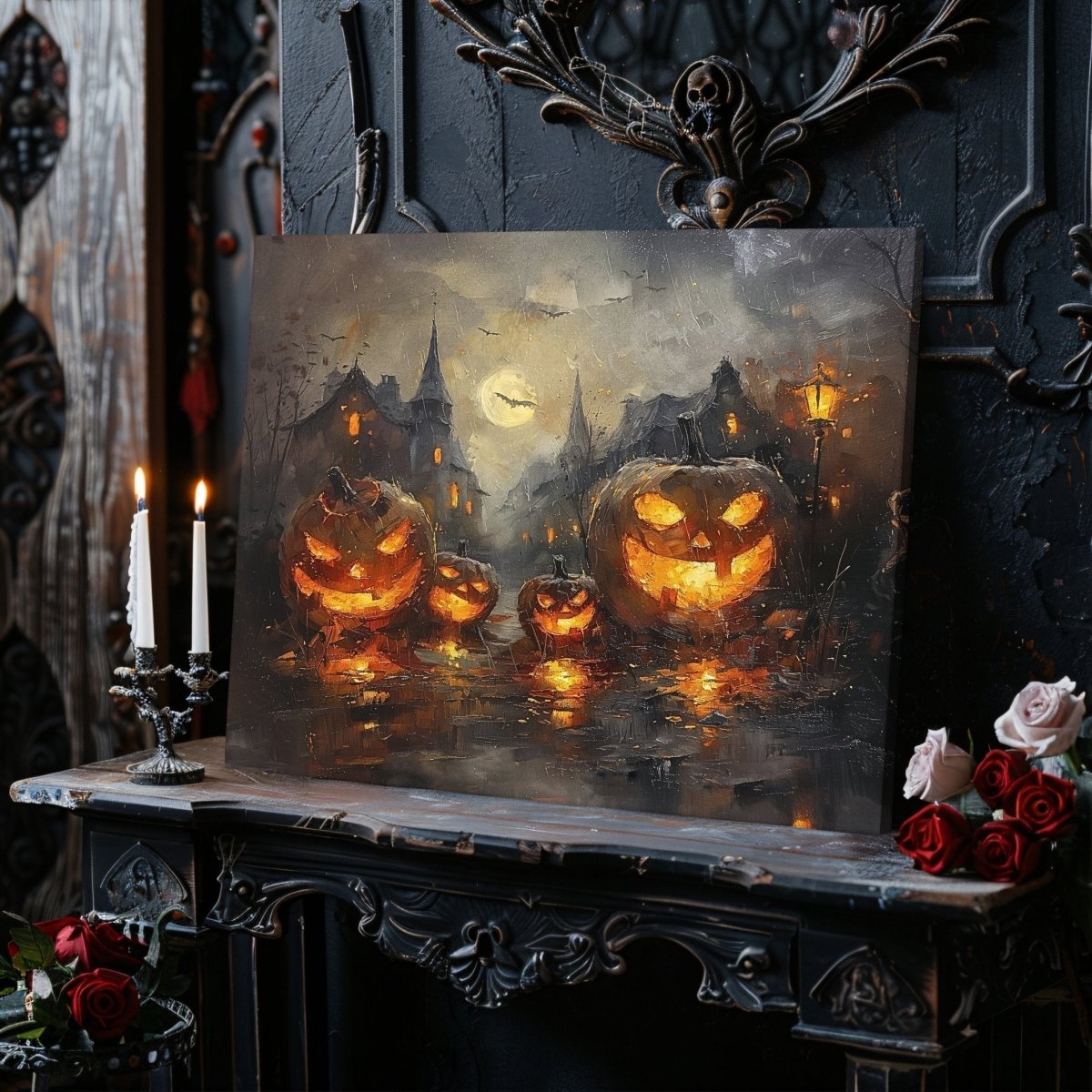 Glowing Pumpkins in Eerie Haunted Village - Canvas Print - Everything Pixel