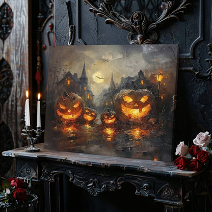 Glowing Pumpkins in Eerie Haunted Village - Canvas Print - Everything Pixel