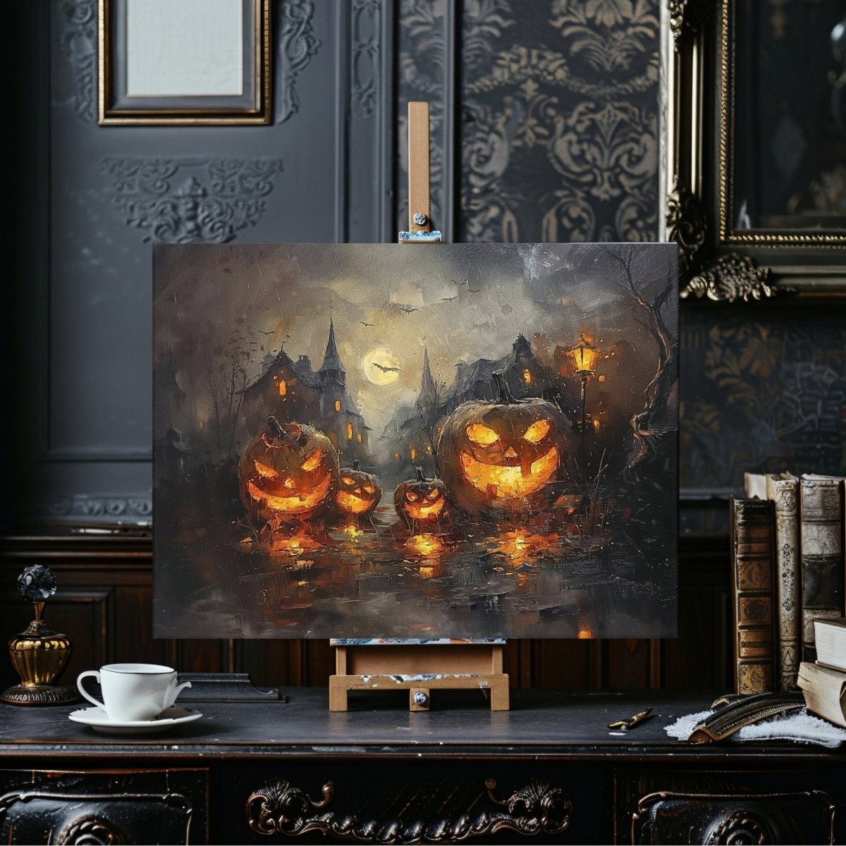 Glowing Pumpkins in Eerie Haunted Village - Canvas Print - Everything Pixel