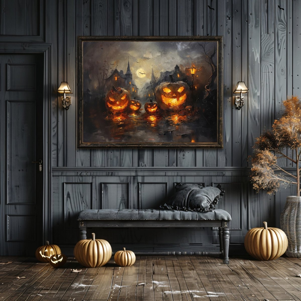 Glowing Pumpkins in Eerie Haunted Village - Wall Art Print - Everything Pixel