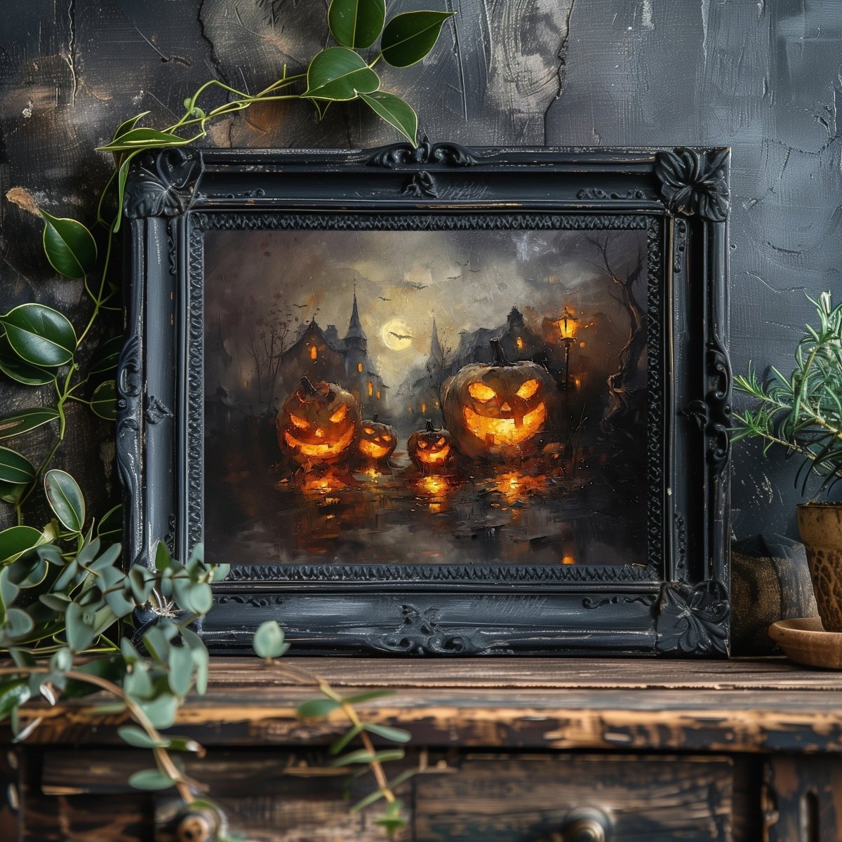 Glowing Pumpkins in Eerie Haunted Village - Wall Art Print - Everything Pixel