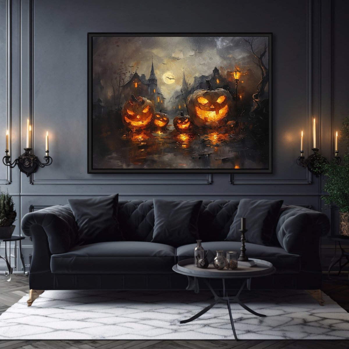 Glowing Pumpkins in Eerie Haunted Village - Wall Art Print - Everything Pixel