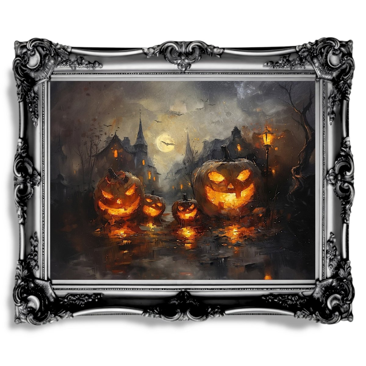 Glowing Pumpkins in Eerie Haunted Village - Wall Art Print - Everything Pixel