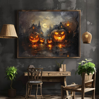 Glowing Pumpkins in Eerie Haunted Village - Wall Art Print - Everything Pixel