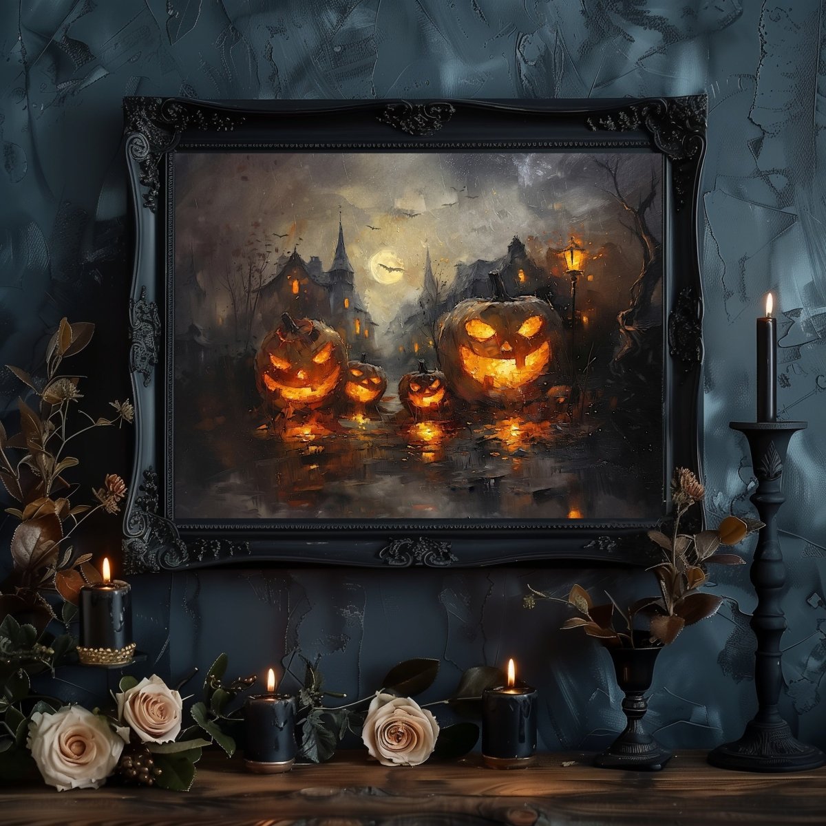 Glowing Pumpkins in Eerie Haunted Village - Wall Art Print - Everything Pixel