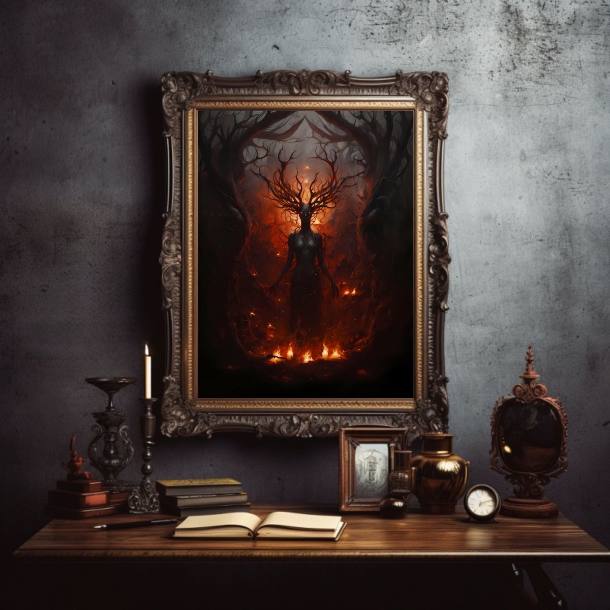 Goddess of Fire Dark Witchcraft Gothic Wall Art Dark Academia Print Dark Aesthetic Room Decor Gothic Occult Artwork Fire Demon Poster Paper Poster Print - Everything Pixel