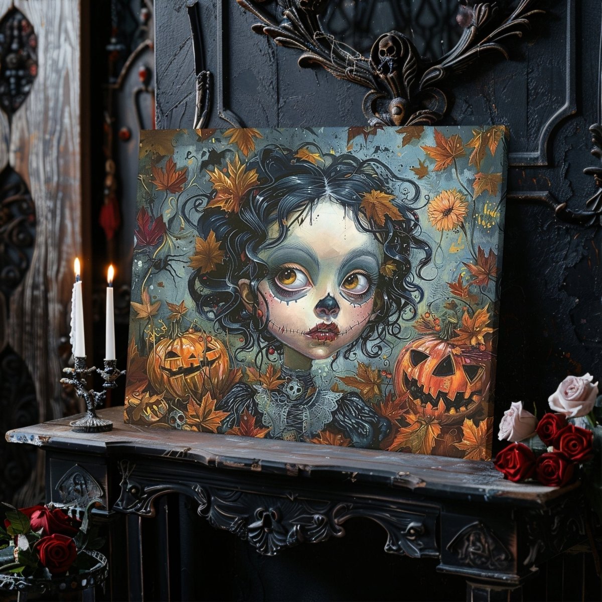 Goth Girl in Halloween Mood - Whimsigoth Decor for the Spooky Season - Gothic Canvas Wall Art - Everything Pixel