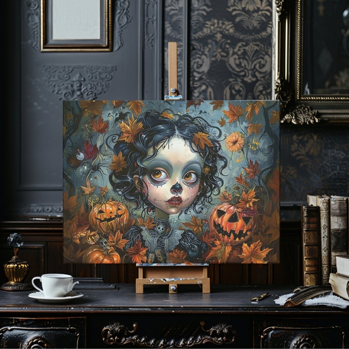 Goth Girl in Halloween Mood - Whimsigoth Decor for the Spooky Season - Gothic Canvas Wall Art - Everything Pixel