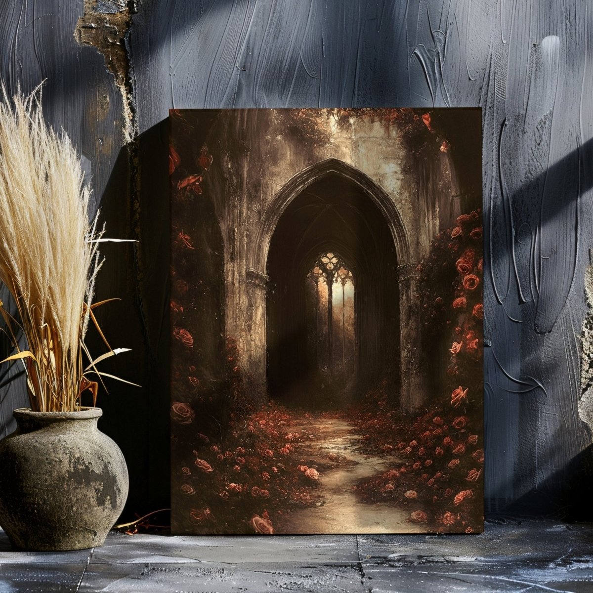 Gothic Cathedral Canvas Print – Dark Floral Fantasy Wall Decor with Roses and Medieval Ruins - Everything Pixel