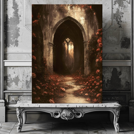 Gothic Cathedral Canvas Print – Dark Floral Fantasy Wall Decor with Roses and Medieval Ruins - Everything Pixel