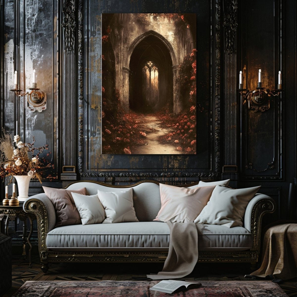 Gothic Cathedral Canvas Print – Dark Floral Fantasy Wall Decor with Roses and Medieval Ruins - Everything Pixel