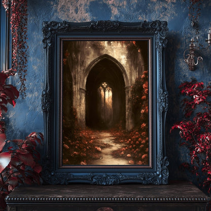 Gothic Cathedral Wall Art Print with Red Roses – Dark Academia Ruin Floral Fantasy Decor - Everything Pixel