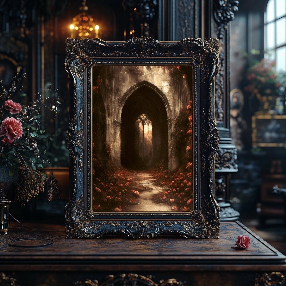 Gothic Cathedral Wall Art Print with Red Roses – Dark Academia Ruin Floral Fantasy Decor - Everything Pixel