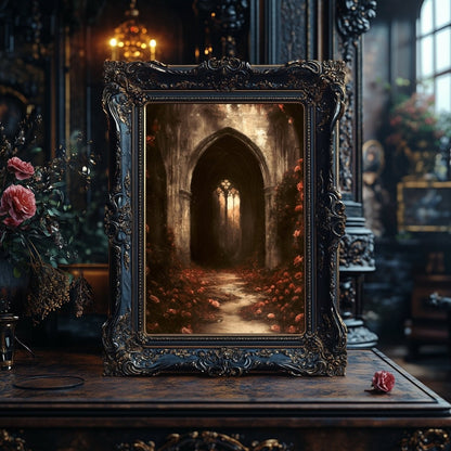 Gothic Cathedral Wall Art Print with Red Roses – Dark Academia Ruin Floral Fantasy Decor - Everything Pixel