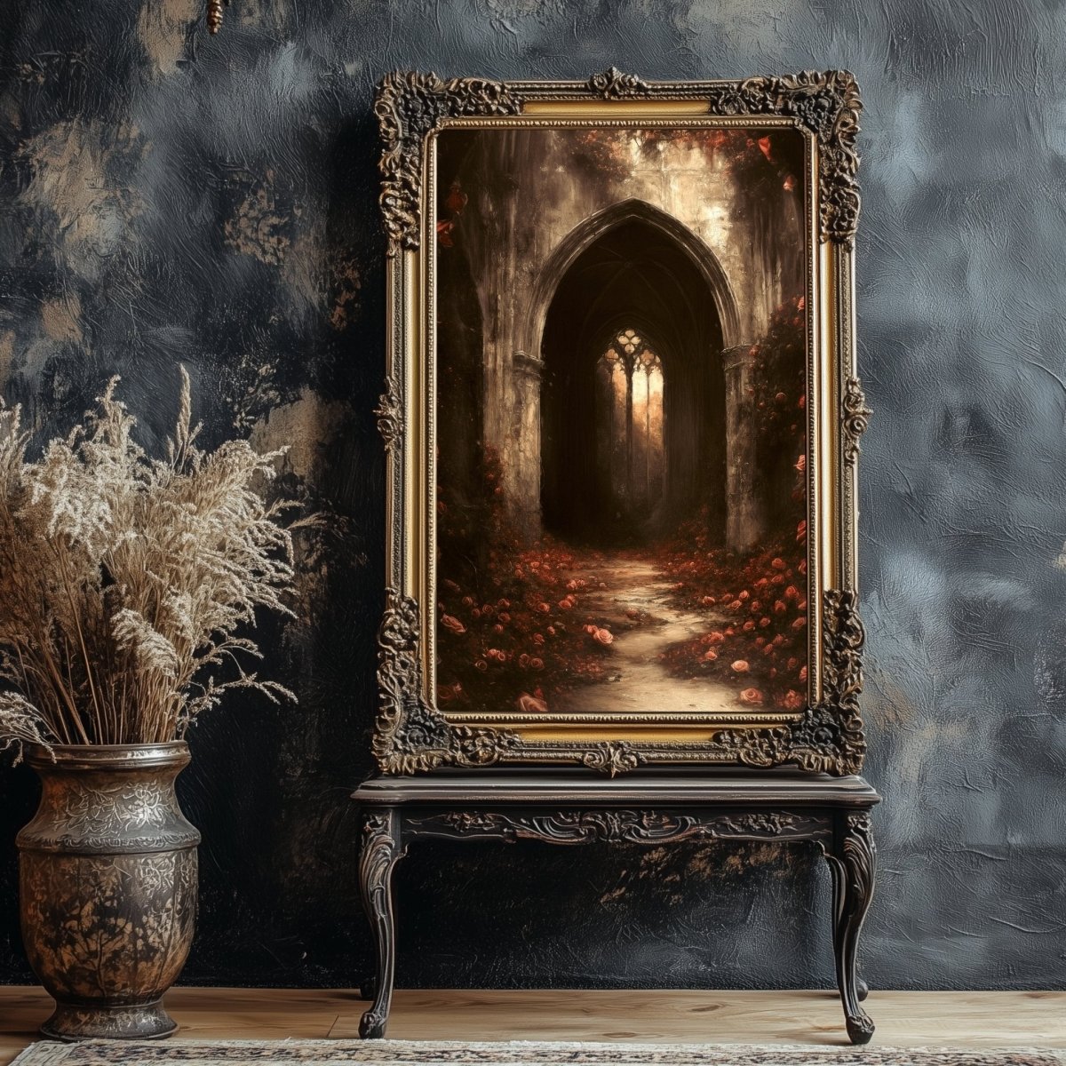 Gothic Cathedral Wall Art Print with Red Roses – Dark Academia Ruin Floral Fantasy Decor - Everything Pixel
