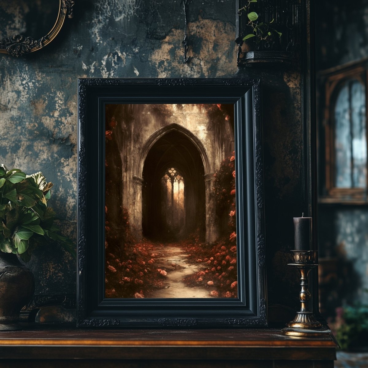 Gothic Cathedral Wall Art Print with Red Roses – Dark Academia Ruin Floral Fantasy Decor - Everything Pixel