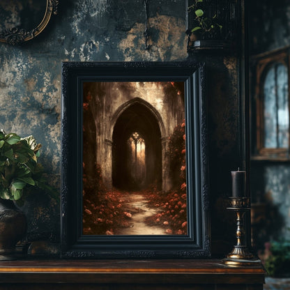 Gothic Cathedral Wall Art Print with Red Roses – Dark Academia Ruin Floral Fantasy Decor - Everything Pixel