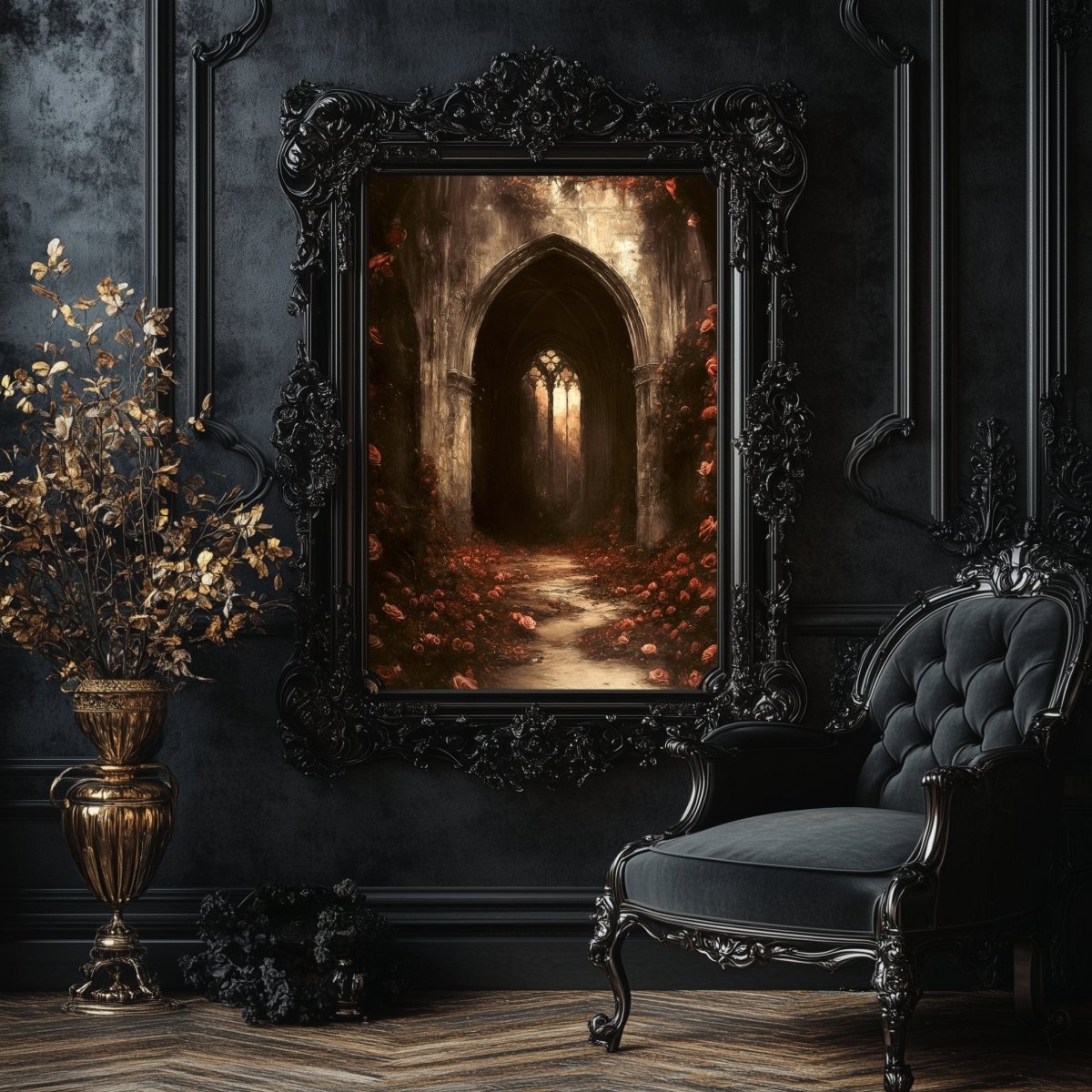 Gothic Cathedral Wall Art Print with Red Roses – Dark Academia Ruin Floral Fantasy Decor - Everything Pixel
