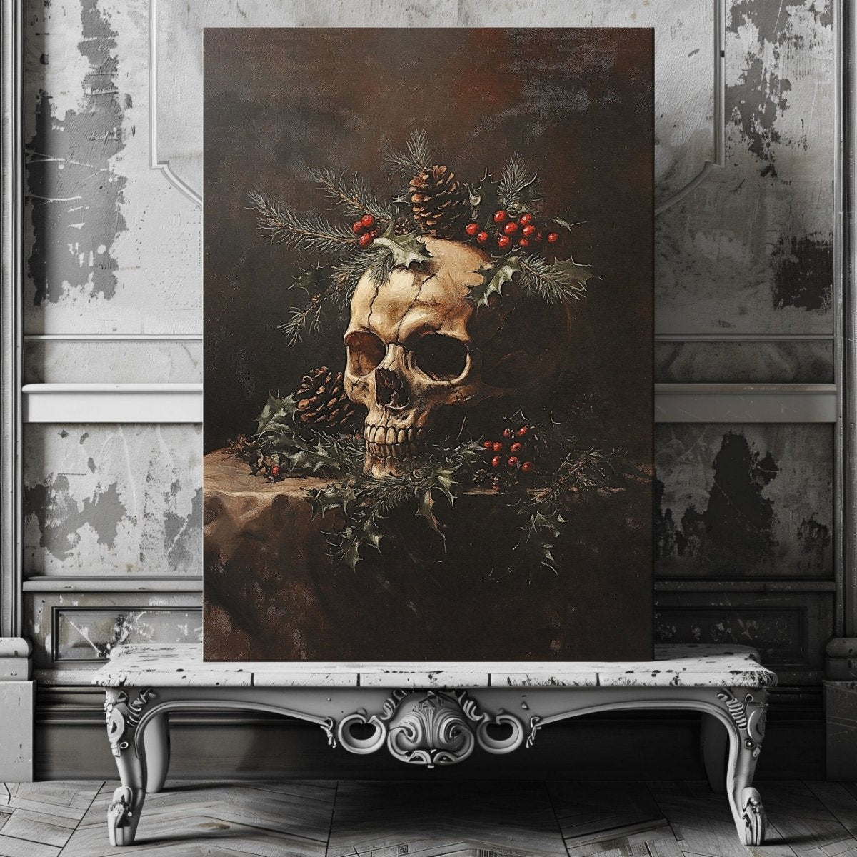 Gothic Christmas Skull Still Life - Christmas Canvas Print, Dark Academia Decor - Everything Pixel