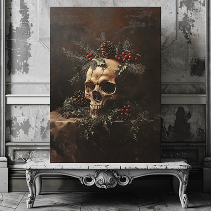 Gothic Christmas Skull Still Life - Christmas Canvas Print, Dark Academia Decor - Everything Pixel