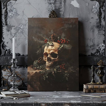 Gothic Christmas Skull Still Life - Christmas Canvas Print, Dark Academia Decor - Everything Pixel