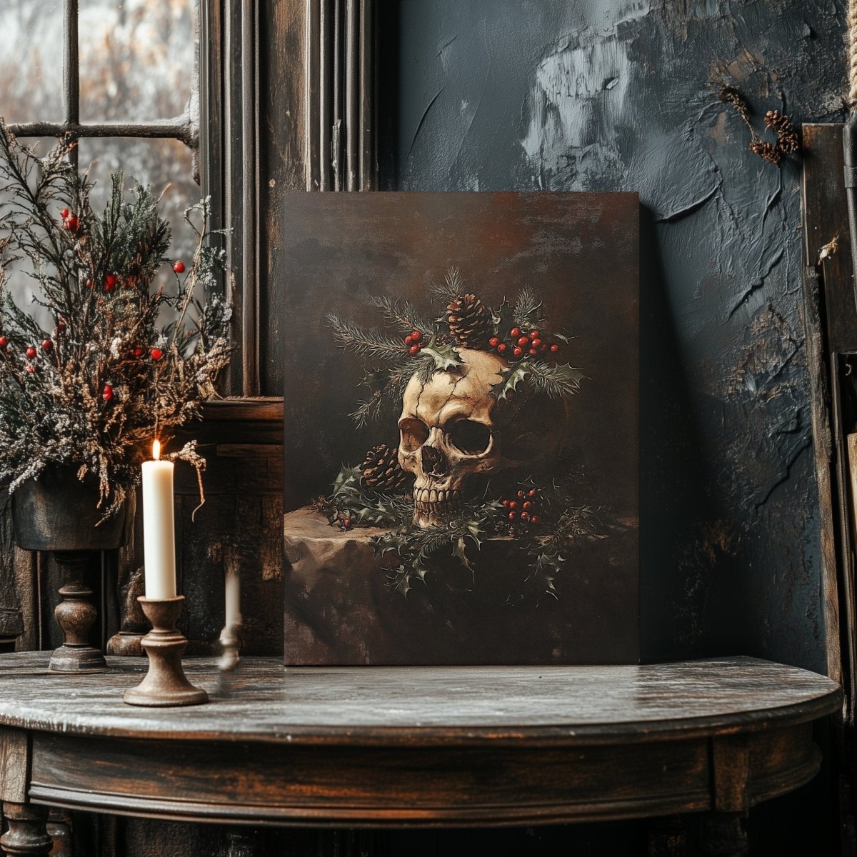 Gothic Christmas Skull Still Life - Christmas Canvas Print, Dark Academia Decor - Everything Pixel