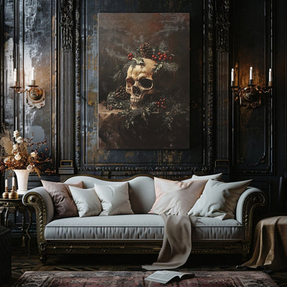 Gothic Christmas Skull Still Life - Christmas Canvas Print, Dark Academia Decor - Everything Pixel