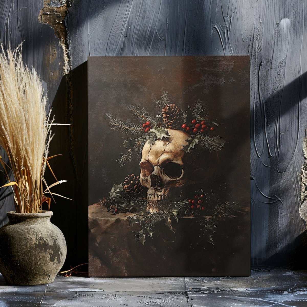 Gothic Christmas Skull Still Life - Christmas Canvas Print, Dark Academia Decor - Everything Pixel