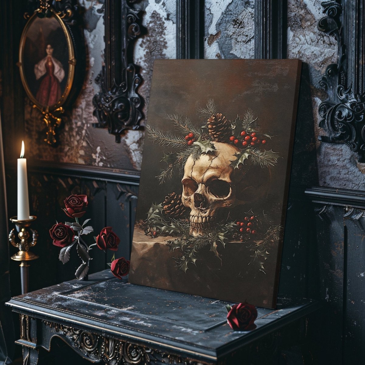 Gothic Christmas Skull Still Life - Christmas Canvas Print, Dark Academia Decor - Everything Pixel