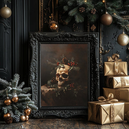 Gothic Christmas Skull Still Life - Dark Academia Holiday Wall Art Print - Everything Pixel