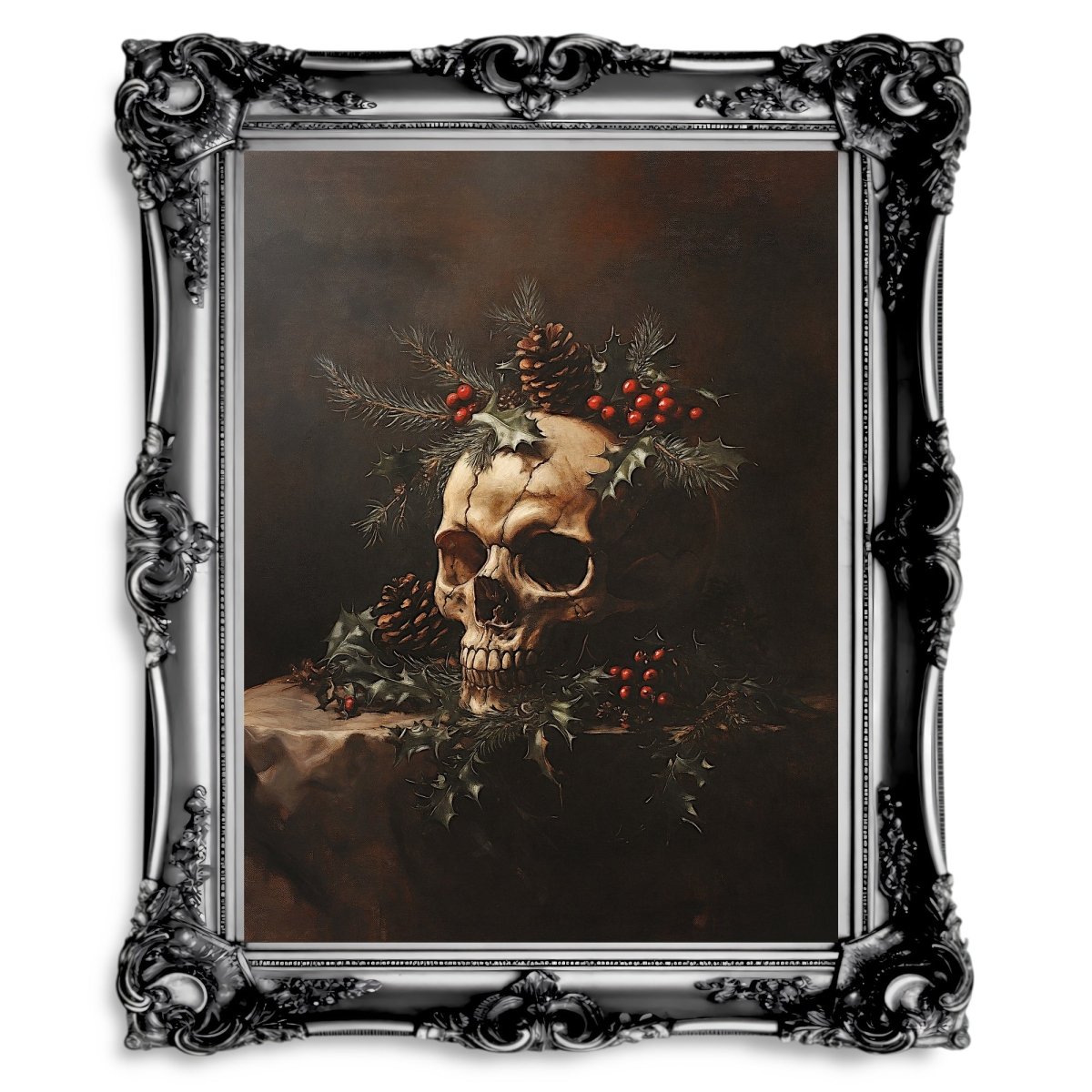 Gothic Christmas Skull Still Life - Dark Academia Holiday Wall Art Print - Everything Pixel