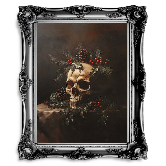 Gothic Christmas Skull Still Life - Dark Academia Holiday Wall Art Print - Everything Pixel